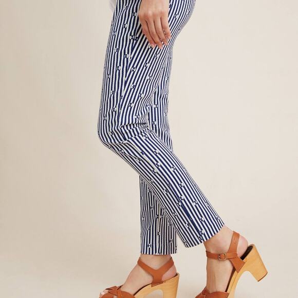 Anthropologie Blue & White Slim Trousers with Embroidery - Picture 9 of 16